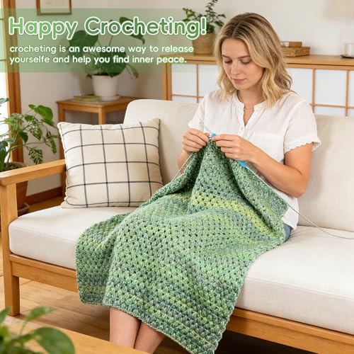 Image of Aeelike Blanket Crochet Kit for Beginners, Super Easy Crochet Blanket Kit with Soft & Colorful Gradient Yarns Detailed Video Tutorials Crocheting Accessories, Moss Green Gradient & Ideal Gift
