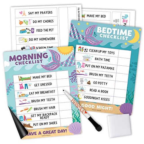 Image of Magnetic Morning & Bedtime Routine Chart for Kids - Customizable Toddler Daily Schedule Board with Dry Erase Surface, Stickers & Marker, Build Habits with Visual Checklists, Mermaid Theme