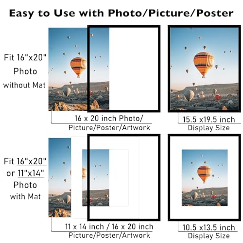 Image of JCJMY 16x20 Picture Frame with 11x14 Mat, Display Photo 11x14 with Mat or 16 x 20 Without Mat, Wall Hanging Large 16 by 20 Poster Frame with Plexiglass, Black