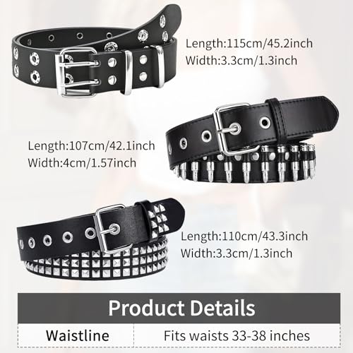 3 Pcs Studded Belt, Y2K Belt EMO Goth Belts Punk Rock with Bullet belts for Women Men2