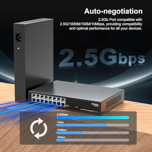 Image of 16 Port 2.5Gb Ethernet Switch Unmanaged, NICGIGA 16 Port 2.5G Network Switch, Plug & Play, Desktop or 19-inch Rack Mount, Fanless Metal Design.