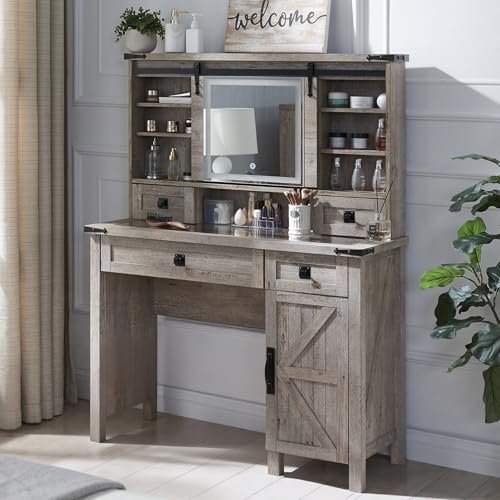 T4TREAM Farmhouse Makeup Vanity Desk with Sliding Mirror and Lights 42 Glass Tabletop Vanity Table with 2 Drawers & Shelves Rustic Big Vanity Set for Bedroom Light Rustic Oak