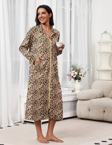 Image of Ekouaer Women Zipper Robes Long Sleeve Lightweight House Coats with Pockets