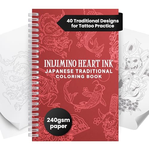 Inlumino Heart Ink Tattoo Practice Coloring Book: Japanese Traditional Spiral Bound Art Book with 40 Designs on 240 GSM Textured Pages Use with Ballpoint Cartridges & Rotary Machine