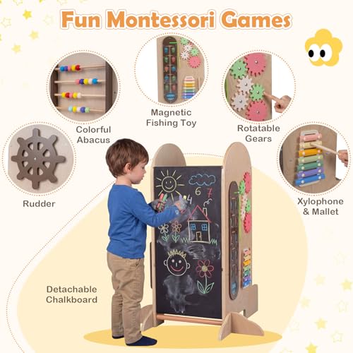 Image of Costzon Toddler Step Stool, 4-in-1 Kids Kitchen Standing Tower with Adjustable Height, Chalkboard & Slide, Montessori Games, Safety Rails & Anti-tip Feet, Wooden Children High Chair for Boys & Girl