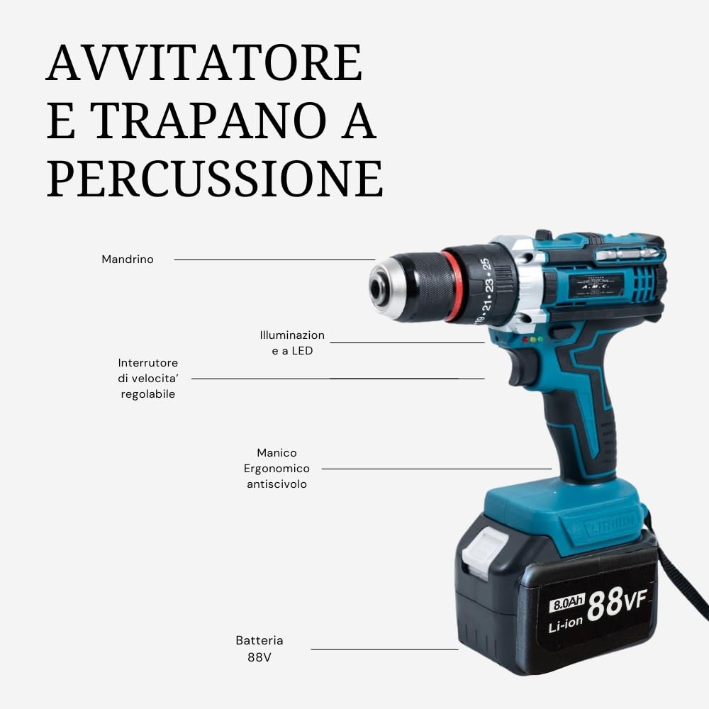 A.M.C. Kit Completo Professionale Fai da Te 3 in 1 con Trapano Avvitatore a Batteria, Smerigliatrice Angolare a Batteria, Trapano ad Impulsi Svita Bulloni 88v