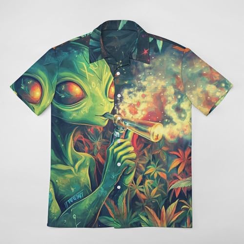 Green Aliens Weed Hawaiian Shirt for Men Button Down Short Sleeve Shirt Summer Top for Beach Party4