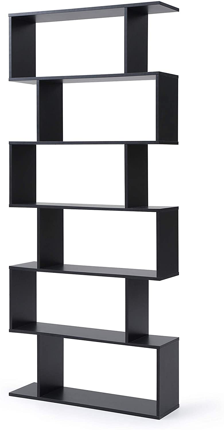 AC Pacific Modern Staggered 6-Shelf Luke Bookcase, Black