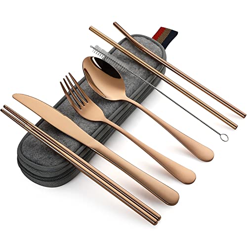 DEVICO Portable Utensils, Travel Camping Cutlery Set, 8-Piece including Knife Fork Spoon Chopsticks Cleaning Brush Straws Portable Case, Stainless Steel Flatware set (Rose Gold)