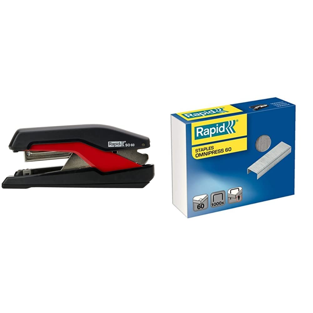 Rapid 5000553 Tacker Super Flachheftgerät (60 Blatt, Mühelos, Omnipress, Hochwertiges Ergonomisches Gehäuse, SO60) schwarz/rot & 5000561 Omnipress 60 verzinkt Heftklammern 1000 Stück