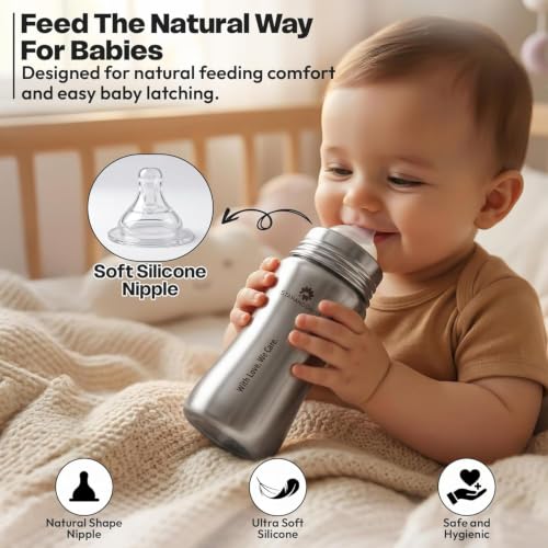 Image of StarAndDaisy Baby Milk Bottle for new Born /Infant /Toddler 250 ML SUS 304 Steel Baby Milk /Feeding Bottle for 0+ Months, BPA Free Leakproof, Anti Colic and Easy to Clean
