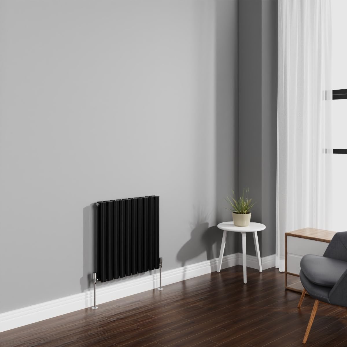 NRG 600x590mm Black Radiator Horizontal Oval Panel Bathroom Designer Double Rad Central Heating