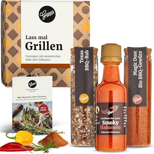 Gepp‘s Feinkost 3-er Set Mini Grillen I Mit 2 Grillgewürzen und Habanero Chili Sauce I BBQ-Gewürzmischungen „Magic Rub“ und „Texas-BBQ“ I Grill Geschenk für Männer, nach eigener Rezeptur