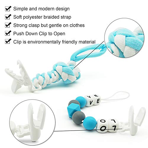 Pacifier Clip for Baby Boys, Baby Holder Leash, Braided Pacifier Holder & Silicone Pacifier Holder, Teether Toy Leash, Baby Shower Gift Set, Easy to Use for Teething Toys (Blue) - Thumbnail 2