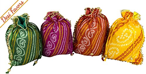 Desi Favors Set of 4 Assorted Potlis/batwa/Drawstring Pouches/Silk Party Favour/Favor Bags for Weddings/Housewarming/Christmas/Birthdays