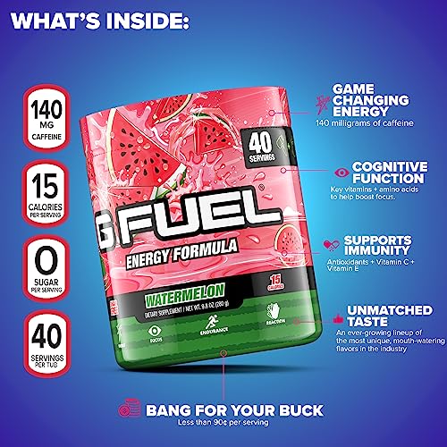 Image of G Fuel Watermelon Energy Drink Powder, Pre Workout Caffeine Mix for Gaming, Sugar Free Focus Amino, Vitamin + Antioxidants, 9.9oz (Watermelon, 40 Servings)