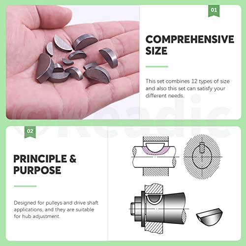 Keadic 205Pcs Metric Woodruff Key Assortment, 12 Sizes Half Moon Key Semicircle Woodruff Key Carbon Steel Crank Shaft Keyway Pulley Crank Hardware Accessories for Mechanical Industry