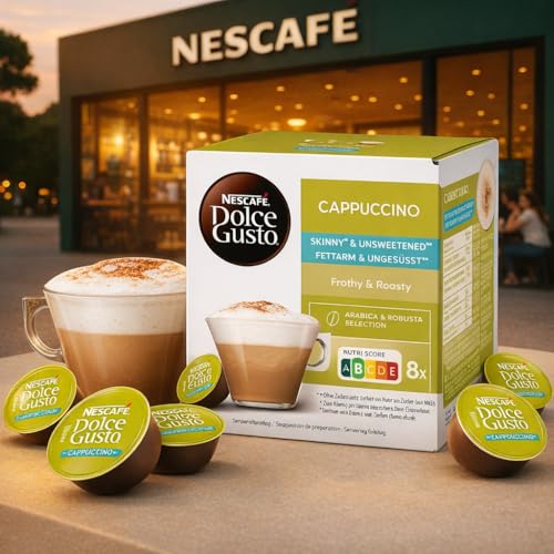Image of Nescafe Dolce Gusto Cappuccino Skinny & Unsweetened Coffee Pods By COUGAR | Frothy & Roasty Cappuccino | Low Fat, No Added Sugar | Arabica & Robusta Blend | Compatible with Dolce Gusto Machines | 16 Servings Pods 161.6g Box (Imported-USA)