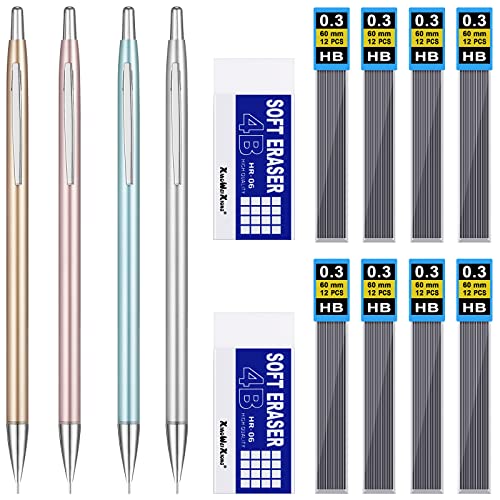 4 Pcs 0.3 Mm Automatic Metal Mechanical Pencils Set 8 Pcs Replaceable Refills And 2 Pcs 4B Erasers For School Kids Student Drawing Sketching Writing Drafting Aesthetic Pencils #TOP5