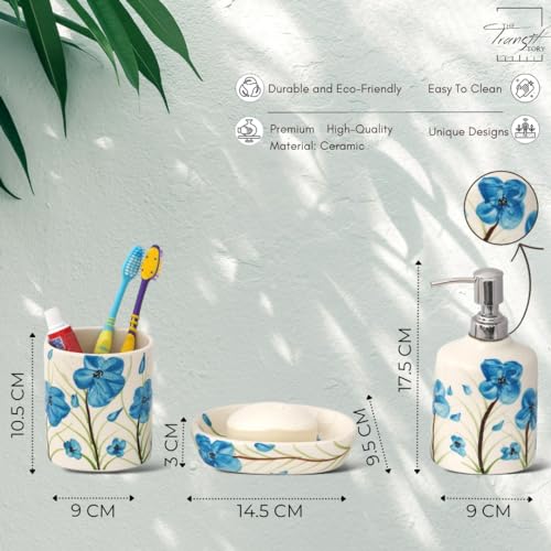 Image of Premium Ceramic Bathroom Accessories Set of 3 | Luxury Bath Set with 300ml Soap Dispenser, Toothbrush Holder & Soap Dish | Hand-Painted Decor Items | White & Blue Floral Pattern