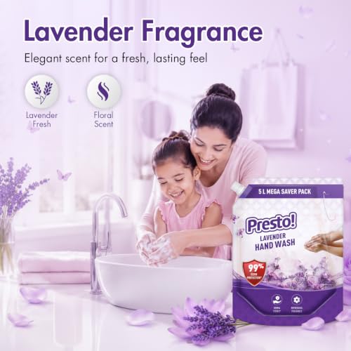 Image of Amazon Brand - Presto! Lavender Liquid Handwash 5L | Kills 99% Germs | pH Balanced, Gentle on Skin | No Added Parabens & Triclosan | Moisturising Formula