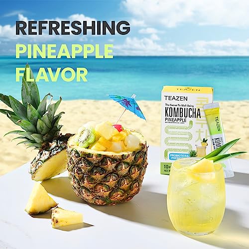 Teazen Kombucha Tea, Zero Sugar, Sparkling Fermented Powdered Mix Beverage From Korea, Live Probiotics & Prebiotics, 10 Sticks, 1.76Oz (Pineapple) #TOP1