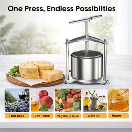 Image of Manual Cheese Press, 1.6 Gallon Heavy Duty Food Press for Cheese, Tofu & Vegetable Dehydration - Stainless Steel Basket Herb & Tincture Press with Filter Bags, Not for Hard Fruits