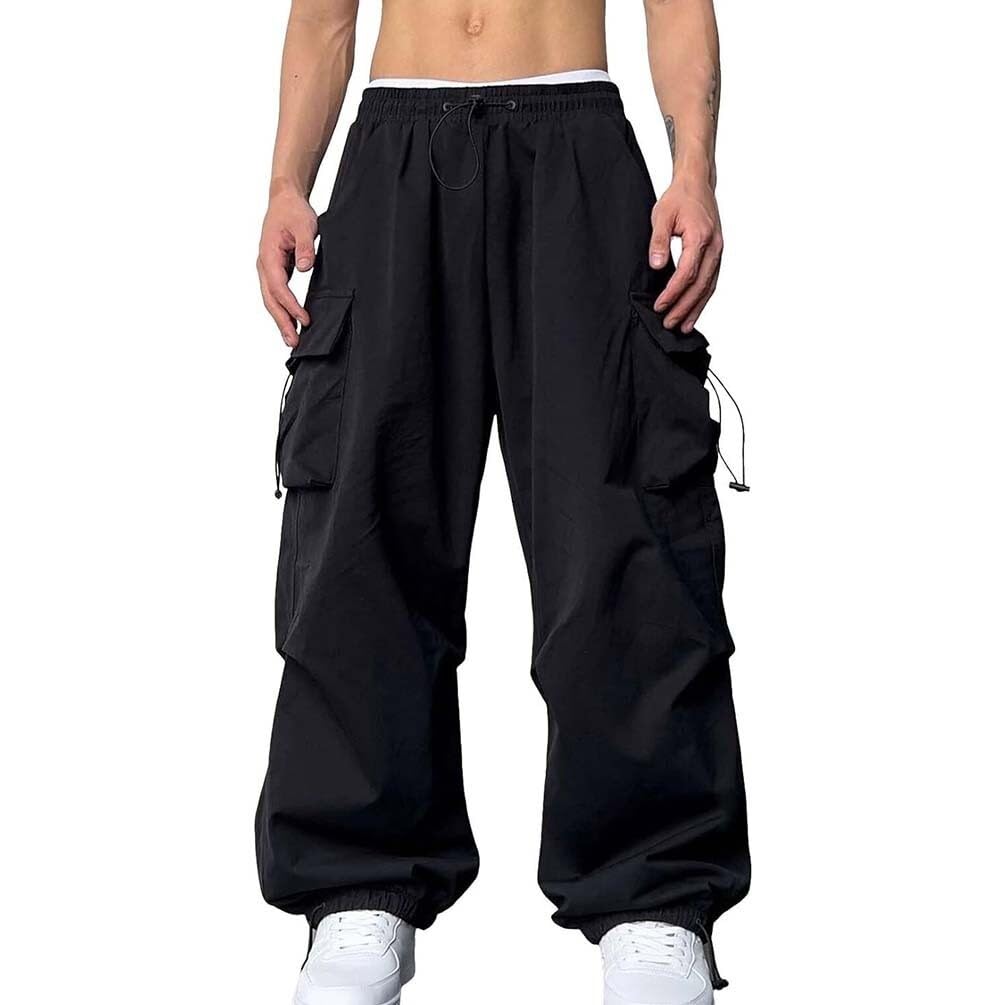 Męskie spodnie do biegania, luźne spodnie cargo z kieszeniami, spodnie dresowe Y2K, długie spodnie Streetwear ze sznurkiem (czarne, S)