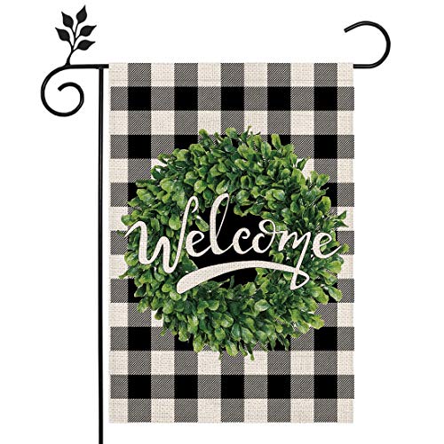 CROWNED BEAUTY Welcome Garden Flag Buffalo Plaid Green Wreath 12Ã—18 Inch Double Sided Vertical Yard Outdoor Decoration CF198-12