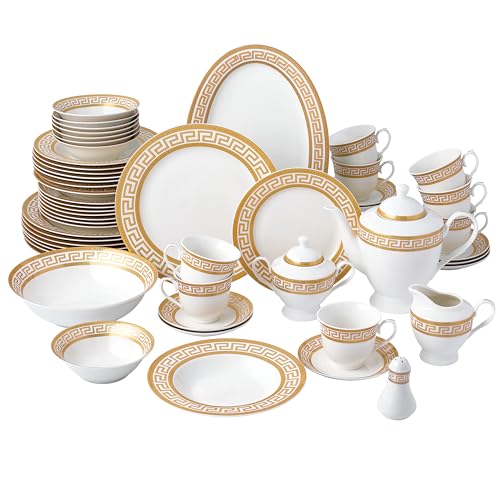 57-Piece Bone China Dinnerware Set, Service for 8, White and Gold...