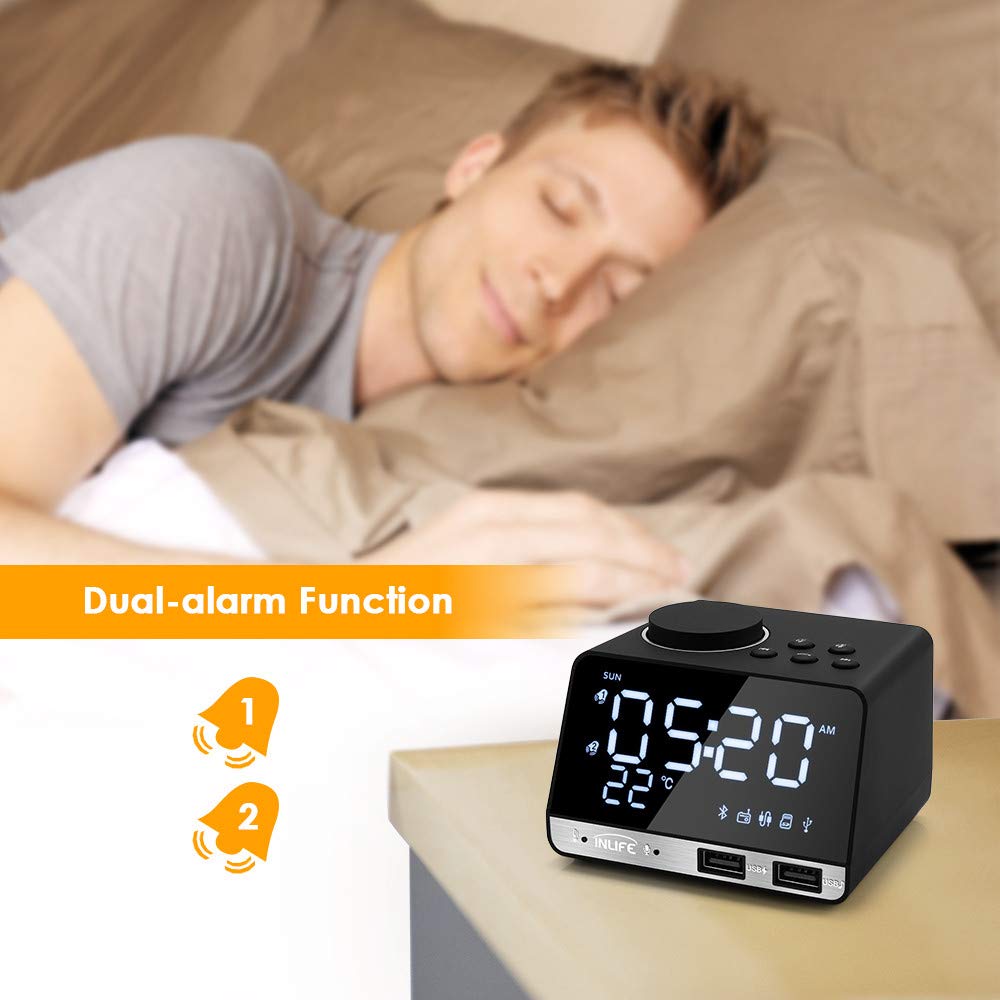 Reloj Despertador Bluetooth Radio Reloj Despertador Altavoz con 2 Puertos USB Led Reloj Despertador Digital Inicio Posponer Reloj De Mesa