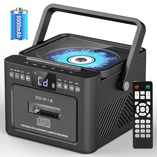 Sunoony Boombox Cassette CD Player Combo with Bluetooth, FM, Remote Control, Tape Recording, AUX/TF/USB Drive, Rechargeable CD Player with Stereo Sound & Headphone Jack, LED Display for Home,Kids,Gift