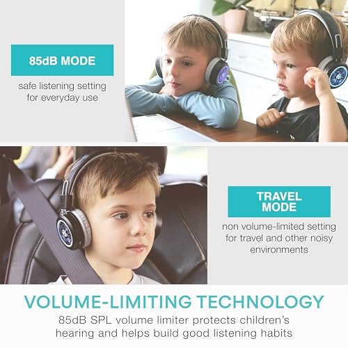 Image of MEE audio KidJamz Share Bluetooth Headphones for Kids with LED Lights, 85dB Volume Limiter, Microphone, 40h Battery; Childrens Headset for School /iPhone /iPad /Tablet (Model: KJ55BT-S, 2-Pack)