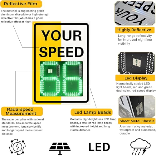 Señal de límite de velocidad de radar alimentada por energía solar, tablero de advertencia LED de retroalimentación de tráfico con pantalla de 3 dígitos para monitoreo de velocidad