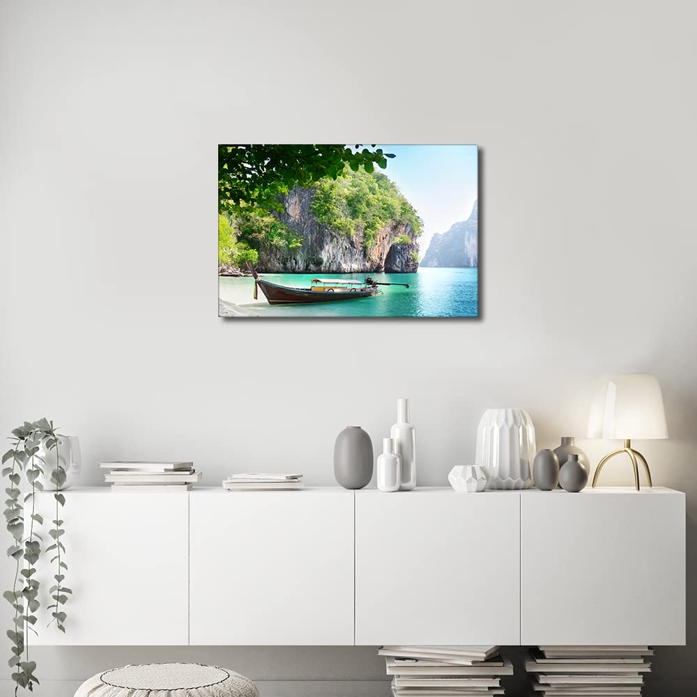 Canvas Wall Art for Interior Bathroom Wall Décor Long Boat on Island in Thailand Scenery for Living Room Bedroom Dining Room Decorations Framed Ready to Hang 16x24inch - Image 4