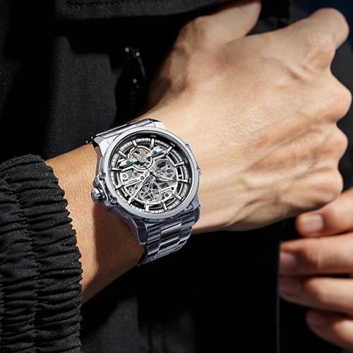 Image of FORSINING Men's Luxury Automatic Skeleton Mechanical Watch, Industrial Style Self-Winding Hollow Watches with Tourbillon & Luminous Function, Stainless Steel Strap Mens Wristwatch