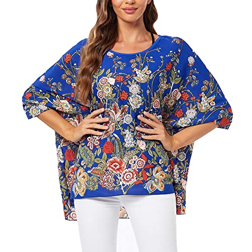 Image of Ckikiou Plus Size Batwing Flowy Semi Sheer Chiffon Blouse Tunic for Women Summer Floral Print Boho Beach Cover ups