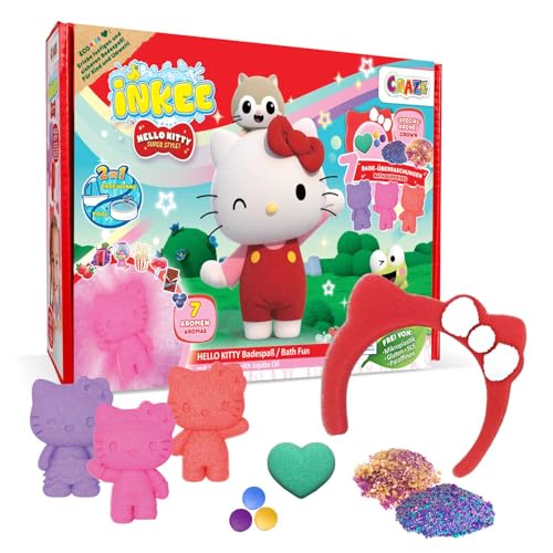 INKEE Caixa de presente Hello Kitty conjunto de banho para crianças - 7 produtos de banho para crianças, bolas de banho Hello Kitty e sais de banho para crianças com óleo de jojoba e vários sabores