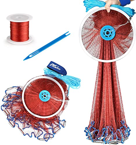 PLUSINNO Cast net with Aluminum Ring, 3/8 Inch Mesh Size Cast Nets for Fishing, 4ft/5ft/6ft/7ft/18ft Radius Fishing Cast Net- Throw Fishing Cast Net Including an Extra Repair Kit