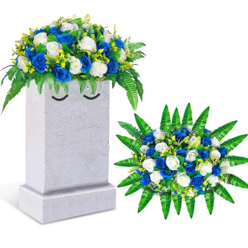 Lodou Artificial Cemetery Flowers, Silk Flower Arrangement,Artificial Rose Bouquet Grave Memorial Flowers with Headstone Saddle for Graveyard Headstones Decoration (1, Blue and Whi image 1