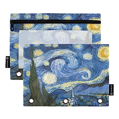 Haskirky Standard 3 Ring Zipper Clear Window Binder Pocket 2 PCS-7×9In,Van Gogh The Starry Night Art Watersafe Large Capacity Office Travel Daily Assistant