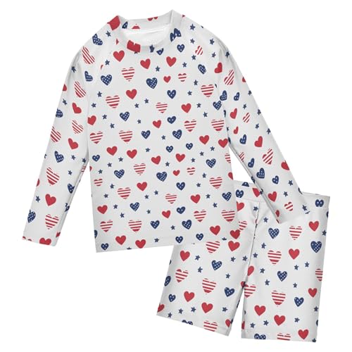 July 4th Independence Day Heart Boys Rash Guard Swimsuits Set Long Sleeve Swim Shirts Bathing Suits B0404590