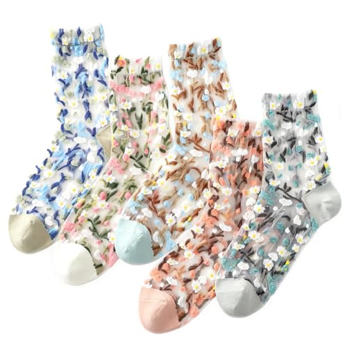 Image of DXYAKY 5 Pairs Sheer Floral Socks for Women, Lightweight Mesh Ankle Lace Socks, Breathable Summer Cute Transparent Stockings