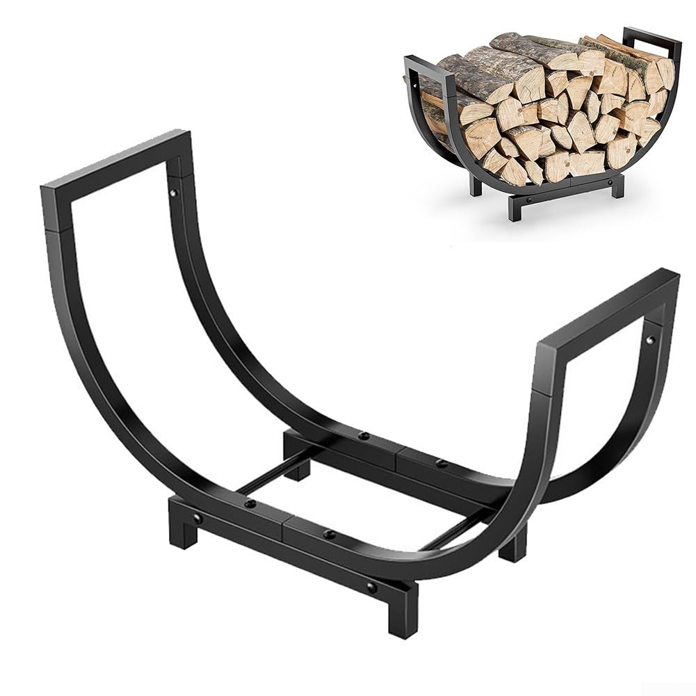Estante de almacenamiento de leña de 24 pulgadas, soporte de troncos para interiores y exteriores, marco de hierro forjado resistente al calor con asas arqueadas, soporte de madera para chimenea para