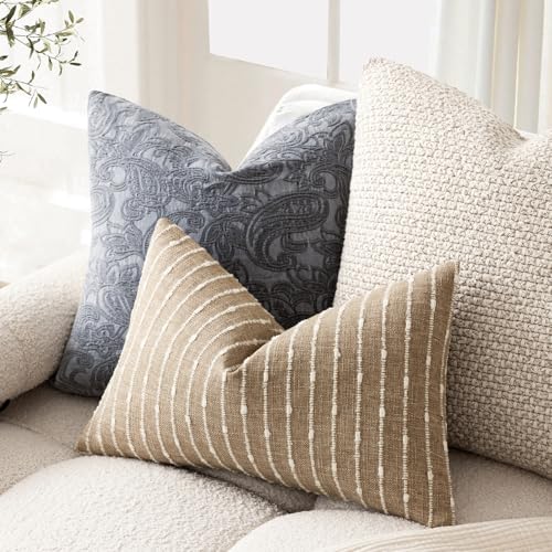 Image of Foindtower Pack of 2 Decorative Jacquard Boucle Lumbar Throw Pillow Covers Accent Textured Striped Pillowcases Cozy Boho Cushion for Couch Sofa Bedroom Living Room Home Decor 12x20 Inch Camel