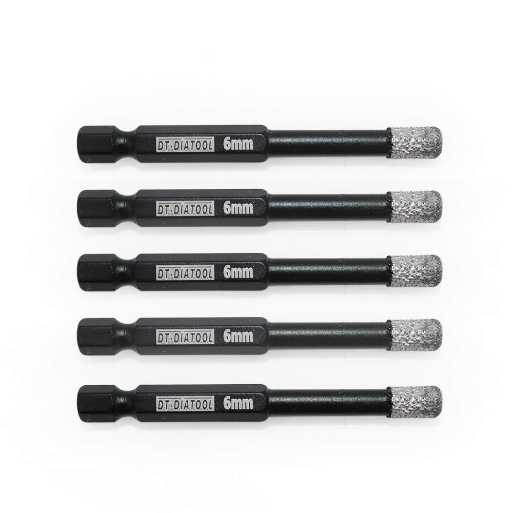 DT-DIATOOL Hex Shank Quick Change Dry Diamond Drill Core Bits 5PCS 6mm Vacuum Brazed Hole Saw for Tile Porcelain Ceramic Marble Granite
