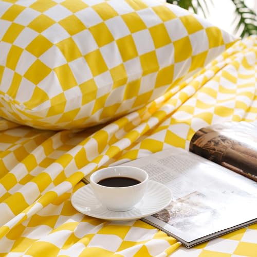 Image of Best Season Bed Sheet Set 3 Piece -Twin Size-Soft Durable Microfiber Bedding Sheet Set,Deep Pocket,Stain,Fade & Wrinkle Resistant Green and White Checkerboard Grid(Plaid Yellow&White)