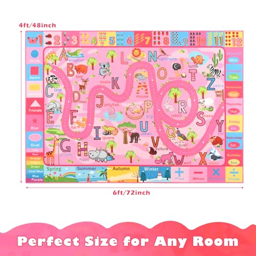 Terrug Kids Rug for Playroom, Educational Classroom Rug for Kids Room, Washable Nursery Rugs Non Slip Playroom Rugs Play Mat for Learning ABC Carpet, Numbers, Animal, Colors, Season, 4X6 Feet, Pink - Image 3