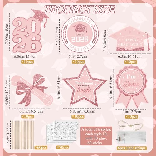 Image of Graduation Decorations for Class of 2026-60pcs Glitter Rose Gold Party Table Centerpieces Sticks with LED String Light for College High School 2026 Graduation Party Favors Supplies