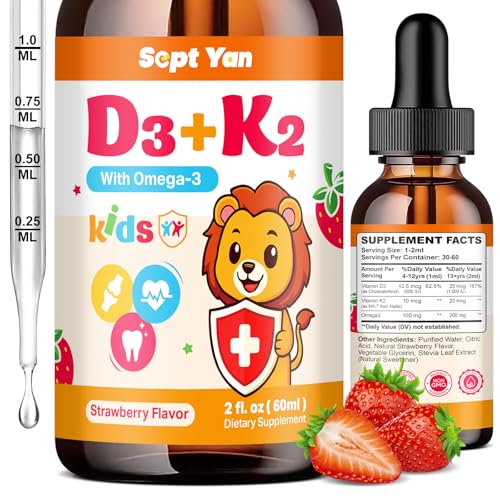 Kids Vitamin D3 K2 Drops - K2 D3 Vitamin Supplement 1000 IU with Omega 3 Support Bone Mood Teeth & Immune - Vitamin D3 K2 (MK-7) Liquid Drops for Adults & Kids Sugar Free Strawberry Flavor 2 FL OZ